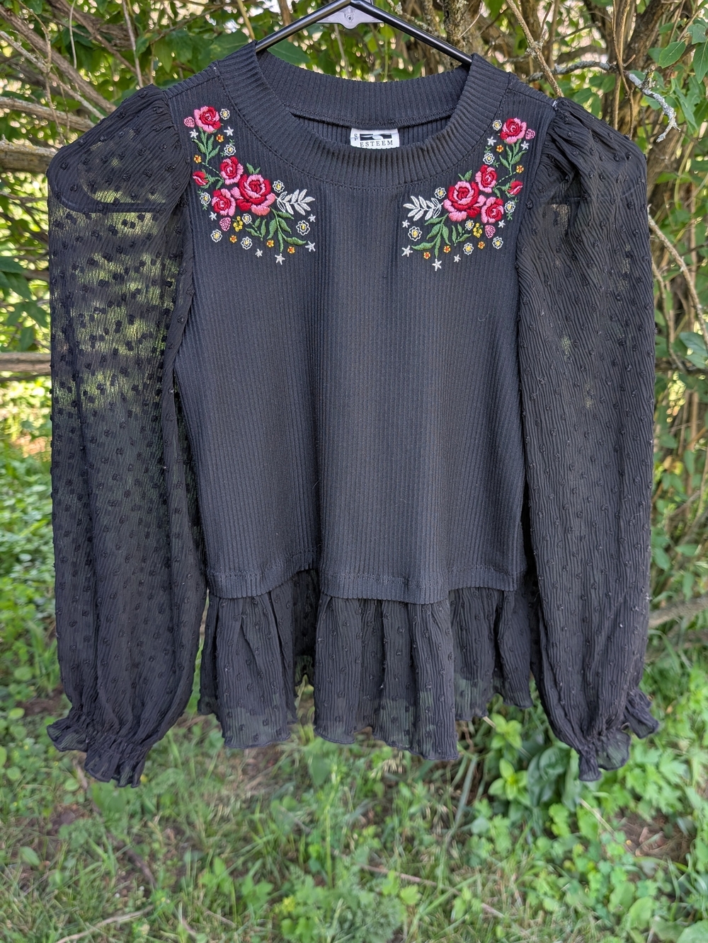 Self Esteem Black Blouse with Red & Pink Floral Embroidery